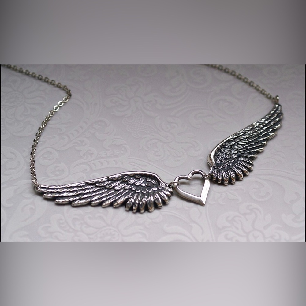 Silver Angel Wings and Heart Necklace
